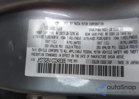 2012 Mazda Cx-9 Sport z USA, uszkodzony, nr VIN JM3TB2BVXC0346385